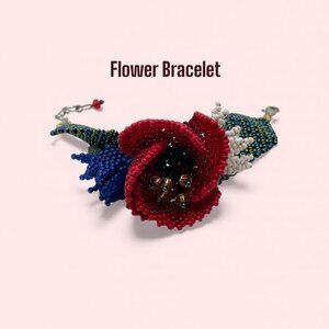 Beaded Bracelet Red Flower Design Lobster Clasp 5”